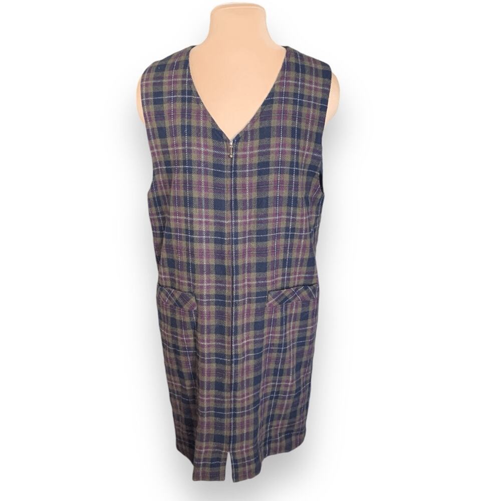 Vintage Jumper Dress Preppy Green Plaid Sleeveless Vneck Front Zip Wool Academia